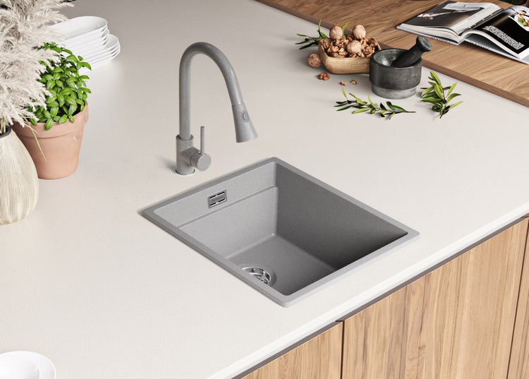 PRIMAGRAN Spülbecken Grau 41x47cm, Granitspüle 1 Becken + Ablauf-Set + Aufrollbare Abtropffläche, Küchenspüle ab 45er Unterschrank - Praga Slim