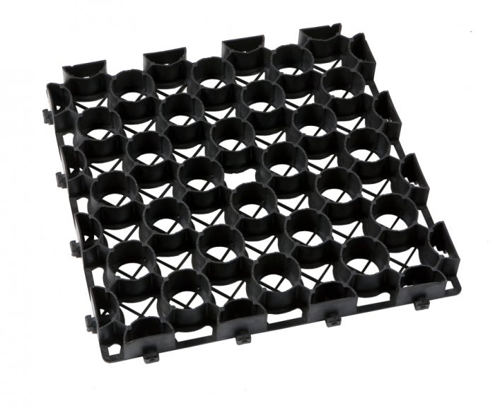 Schwarzes Rasengitter aus Kunststoff zur Bodenbefestigung mit kreisförmiger Gitterstruktur.