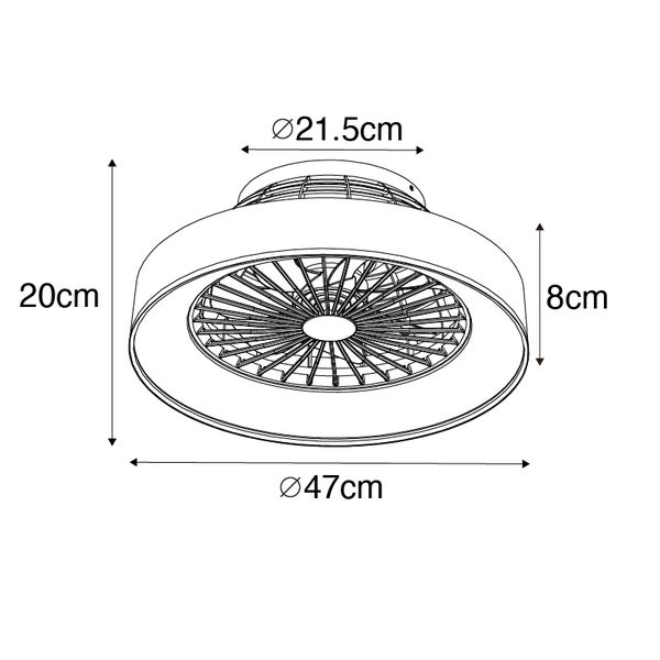 Technische Zeichnung eines Deckenventilators mit Licht mit Maßen: Durchmesser 47 Zentimeter und 21,5 Zentimeter, Höhe 20 Zentimeter und 8 Zentimeter.