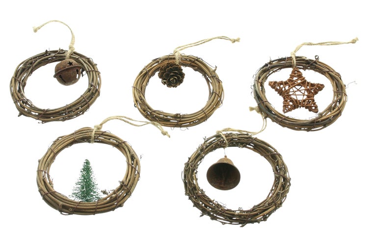 FRANK FLECHTWAREN | Hänger Minikranz, 5er Set, Ø 9 cm, RATTAN, METALL, KUNSTSTOFF, JUTE