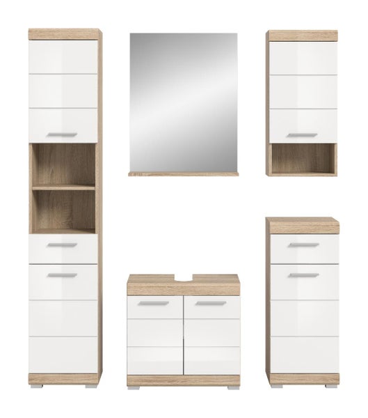 5 teiliges Badezimmermöbel Set in Hochglanz Weiß und Eiche Optik mit Hochschrank, Waschbeckenunterschrank, Spiegel, Wand- und Unterschrank.