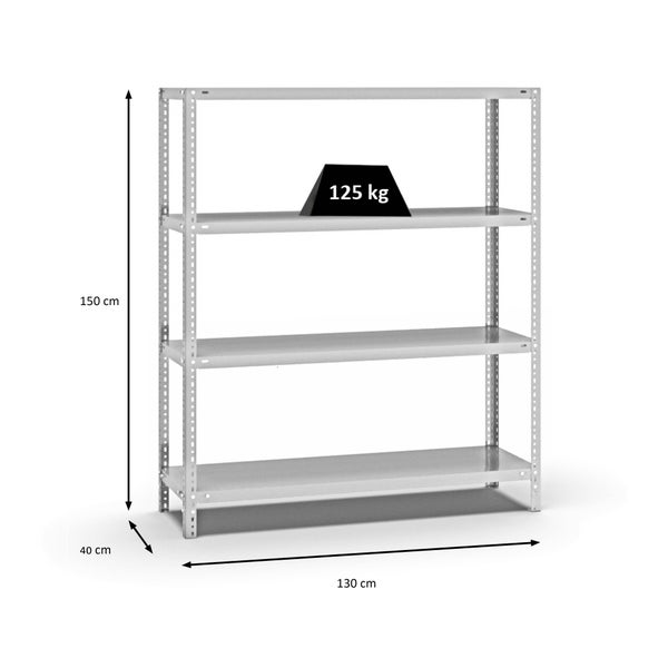 PROREGAL Fachbodenregal Schraubsystem Light-Duty Grundregal HxBxT 150 x 130 x 40 cm 4 Ebenen Fachlast 125 kg Beidseitig Nutzbar Lichtgrau