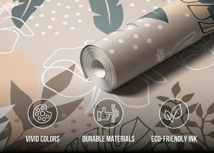 Tapetenrolle mit Blattmuster, lebendige Farben, strapazierfähige Materialien und umweltfreundliche Tinte.