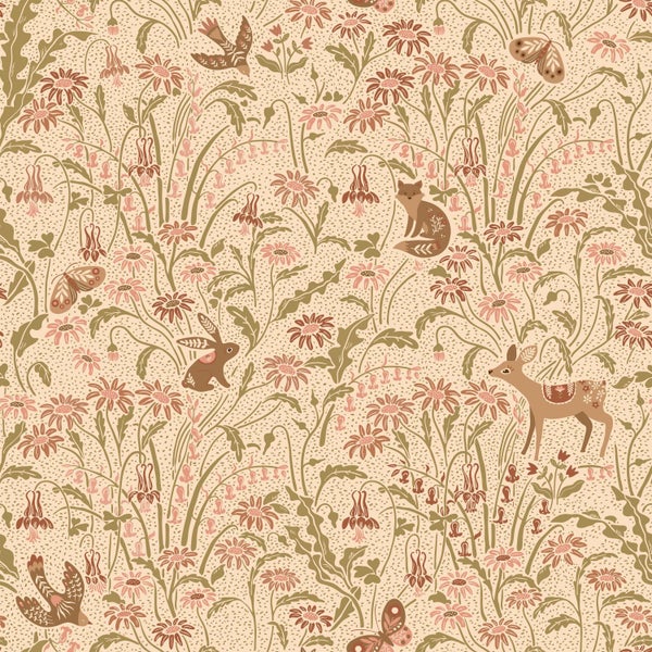 Tapete mit Waldtier-Motiv, zeigt Hirsche, Füchse, Hasen, Vögel und Schmetterlinge zwischen Blumen und Blättern.