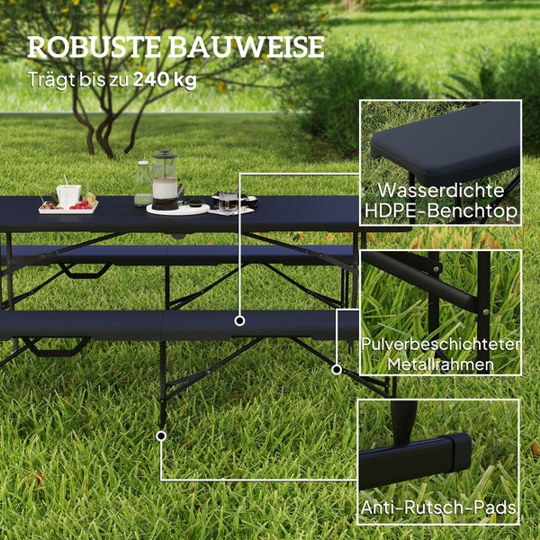 Outsunny 2er Set Bierzeltbank Klappbank 2 Personen 182cm klappbar Partybank mit Tragegriff, Metallbeine, wetterfest Campingbank für Indoor, Outdoor, Gartenbank bis 240 kg belastbar, Schwarz