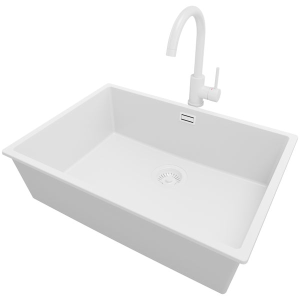 PRIMAGRAN Granitspüle Alles Weiß 66x47cm, Spülbecken 1 Becken + Küchenarmatur 32x20cm + Ablauf-Set, Küchenspüle ab 70er Unterschrank - London Slim