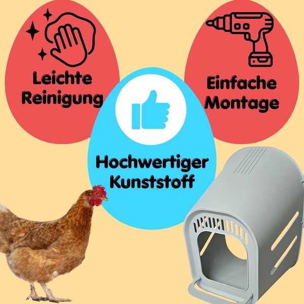 Bild mit Henne und Hühnerhaus aus hochwertigem Kunststoff, das leicht zu reinigen und einfach zu montieren ist.