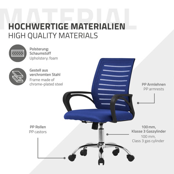 ML-Design Bürostuhl ergonomisch, Blau, Höhenverstellbarer Schreibtischstuhl mit Armlehnen, Computerstuhl mit atmungsaktiver Netzbespannung, Wippfunktion, 360° Drehstuhl mit Rollen, Gaming Stuhl