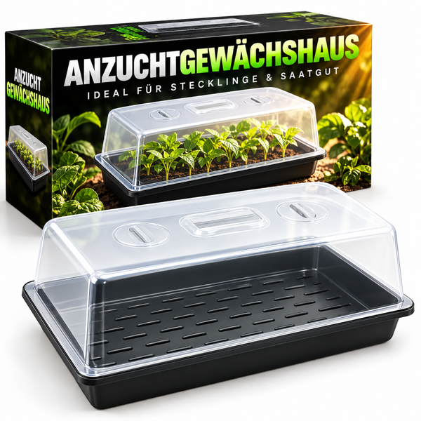 Anzuchtgewächshaus mit transparenter Haube und Belüftungsschlitzen zur Anzucht von Stecklingen und Saatgut inklusive Verpackung.