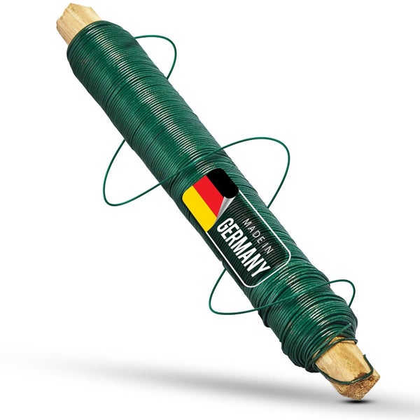 Grüner Blumendraht auf Holzstab gewickelt, hergestellt in Deutschland.