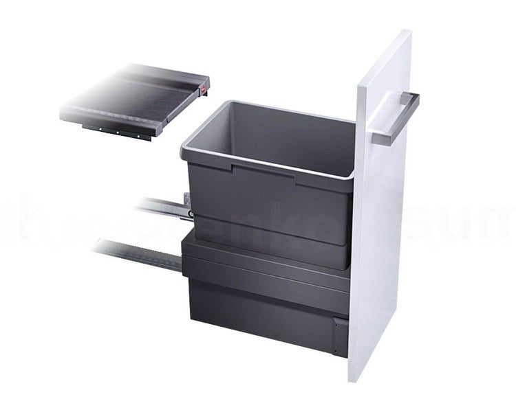 Ausziehbarer Abfalleimer für Küchenschränke mit grauem Kunststoffbehälter, Teleskopschienen und weißem Frontpaneel mit Metallgriff.