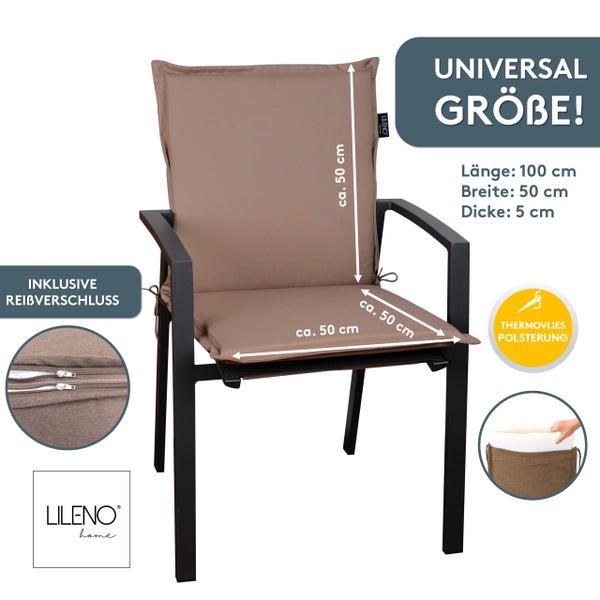 Lileno Home Gartenstuhl-Auflage, 100 mal 50 Zentimeter, 5 Zentimeter dick, mit Reißverschluss und Thermovlies. Lileno Home Logo.