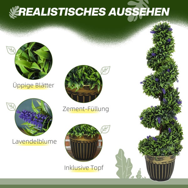 Künstlicher Lavendel-Spiralbaum im dekorativen Topf mit realistischen Blättern, violetten Blüten und standfester Zementfüllung.