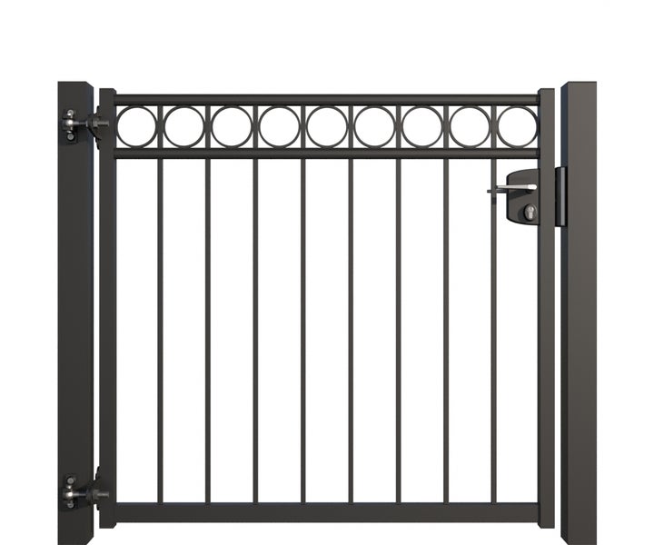 Metallzauntor mit kreisförmigem Dekor und Schloss