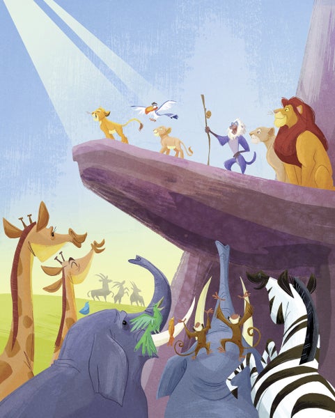 Illustration von Tieren einschließlich Löwen, Giraffen, Elefanten und Zebras vor einem Felsen