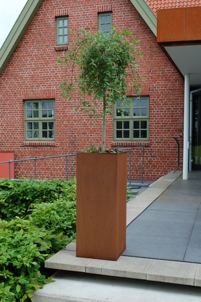 Hoher rechteckiger Pflanzkübel aus Metall in Rostoptik mit einem kleinen Baum auf einer Terrasse vor einem Backsteinhaus.