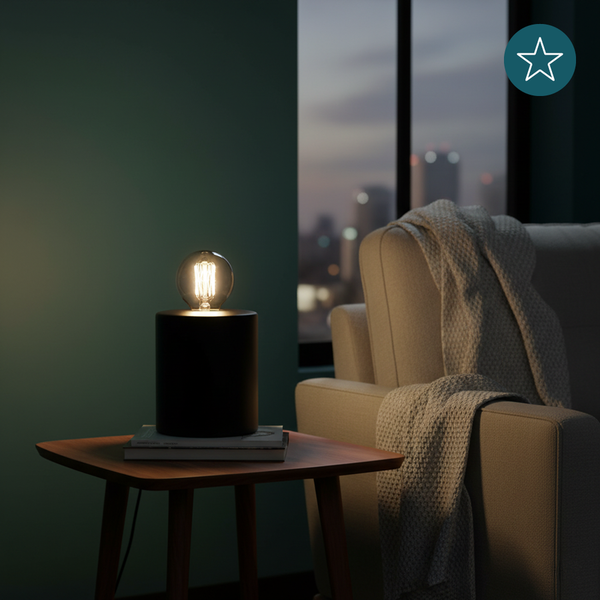 Dekorative Tischlampe mit Glühbirne auf Nachttisch neben Sessel