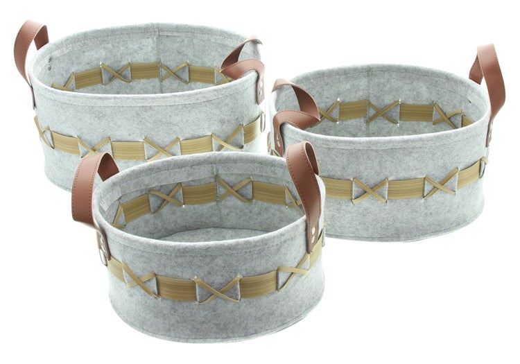 FRANK FLECHTWAREN | Filzkorb Geflecht, 3er Set, FILZ AUS PET, KUNSTLEDER, KUNSTSTOFF, 28 x 18 x 14 cm, 32 x 22 x 16 cm, 36 x 26 x 18 cm