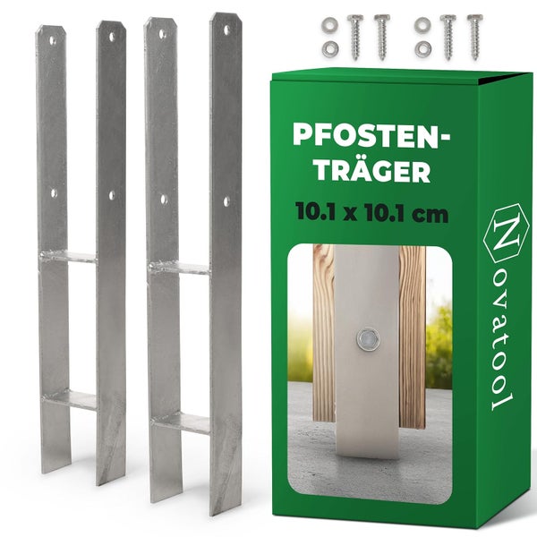 Novatool Pfostenträger H-Form aus verzinktem Stahl für 10.1 mal 10.1 Zentimeter Pfosten inklusive Schrauben und Unterlegscheiben im Zweier-Set.