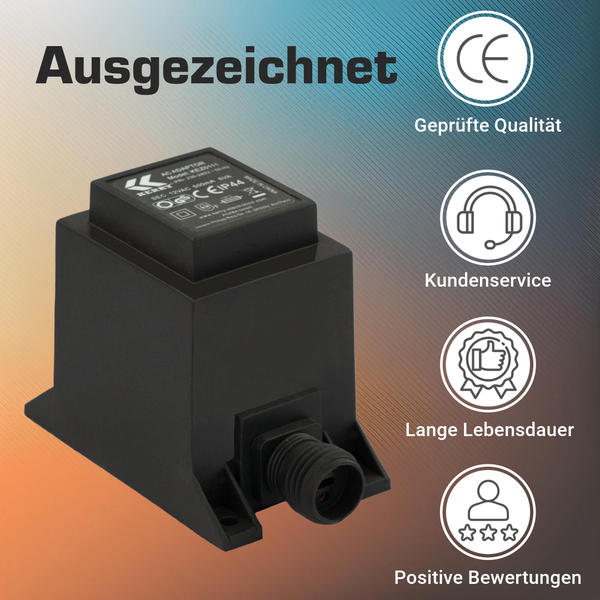 Kerry AC-Adapter IP44 mit Symbolen für geprüfte Qualität, Kundenservice, lange Lebensdauer und positive Bewertungen.
