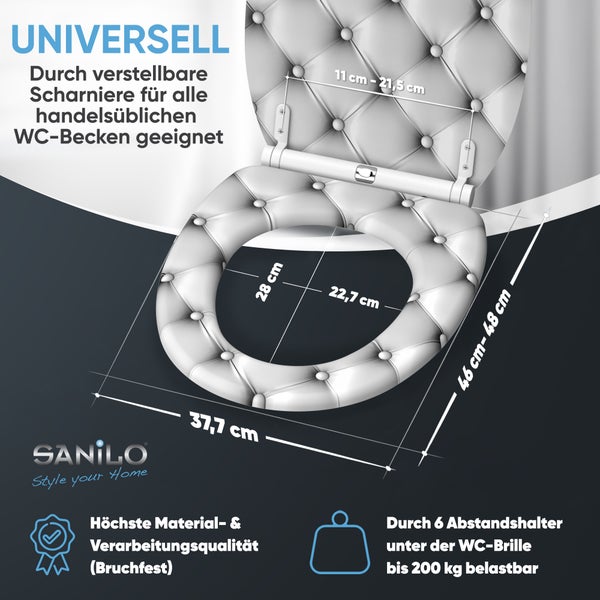 Sanilo WC Sitz mit Chesterfield Optik inklusive verstellbaren Scharnieren und Bemaßung für handelsübliche WC Becken bis 200 Kilogramm belastbar.