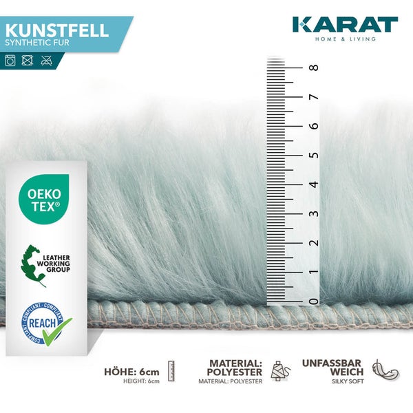 Karat Home & Living Logo. Kunstfell aus Polyester mit 6 Zentimetern Florhöhe. Oeko-Tex zertifiziert und REACH-konform.