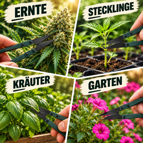Vierteilige Collage einer Pflanzenschere bei der Ernte, dem Schneiden von Stecklingen, dem Ernten von Kräutern und der Pflege von Gartenblumen.