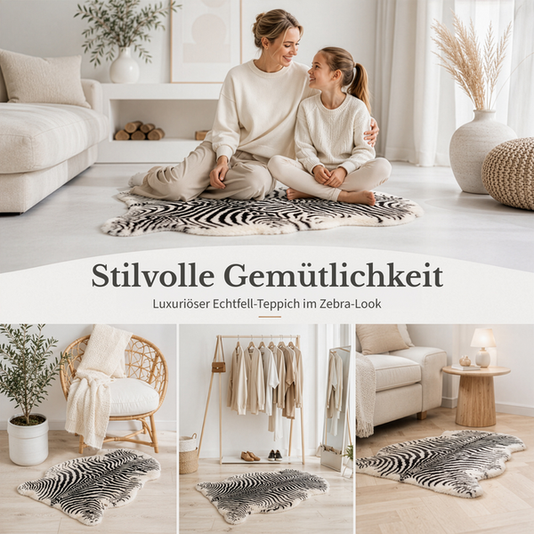 Echtfell-Teppich im Zebra-Look in verschiedenen hellen Wohnszenarien wie Wohnzimmer und Ankleidezimmer.