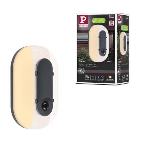 Paulmann LED-Außenwandleuchte Elunor mit Bewegungsmelder, ovale Wandlampe in Anthrazit, inklusive Produktverpackung.