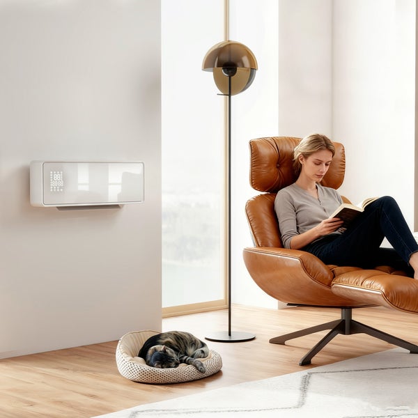 Wohnzimmer mit Klimaanlage, Lesesessel, Stehlampe und Katzenbett