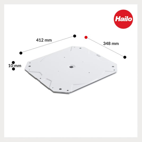 Hailo Abdeckung mit den Maßen 412 Millimeter mal 348 Millimeter und einer Höhe von 10 Millimeter, Hailo Logo.