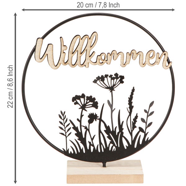 Dekorative Willkommen-Tischdekoration mit Blumenmuster auf Holzsockel