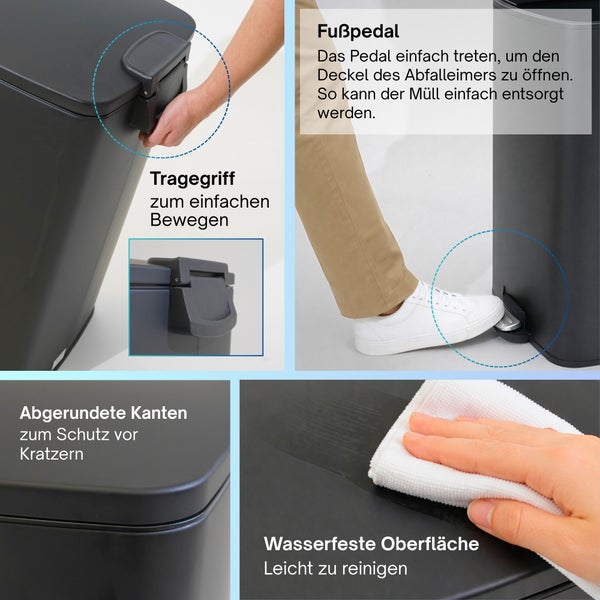 Produktdetails eines Abfalleimers mit Tragegriff, Fußpedal, abgerundeten Kanten und wasserfester Oberfläche beim Reinigen.