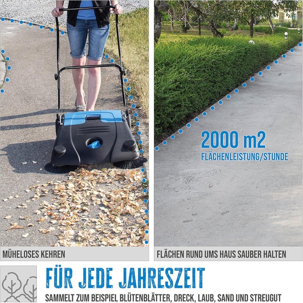 Handkehrmaschine beim Kehren von Laub auf einem Gehweg, Flächenleistung von 2000 Quadratmeter pro Stunde für saubere Flächen rund ums Haus.