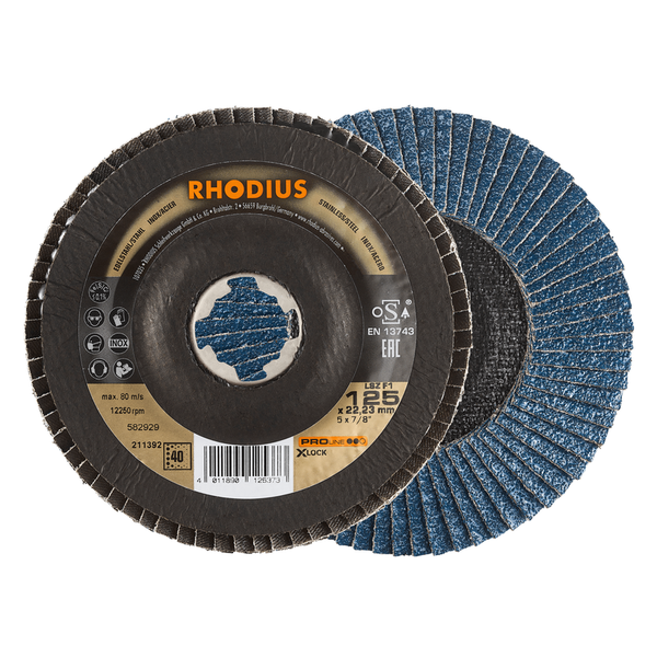 RHODIUS Fächerscheibe LSZ F1 X-LOCK, 10 Stück, 125 x 22,23 mm, Korn 40, für Edelstahl, Stahl, Metall, PROline