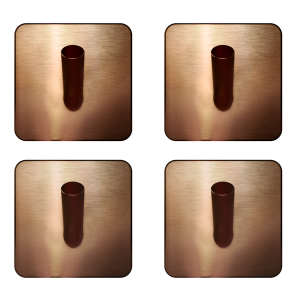 Set aus 4 selbstklebenden Wandhaken aus gebürstetem Metall in Kupferoptik mit quadratischer Grundplatte.