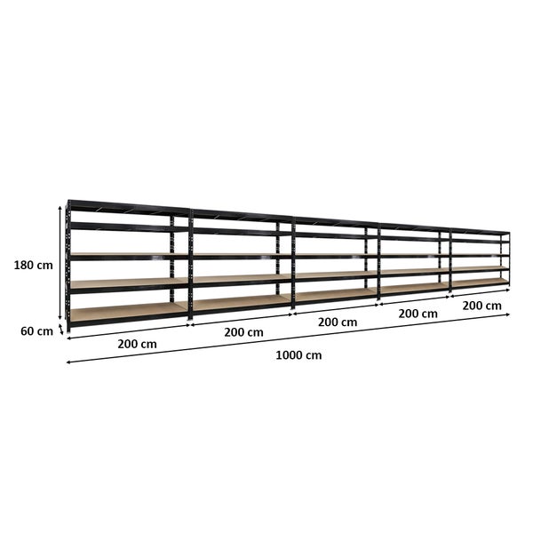 PROREGAL Mega Deal 5x Profi Schwerlastregal Rhino HxBxT 180 x 200 x 60 cm 5 Spanplatten-Ebenen 8mm Fachlast 500 kg Schwarz