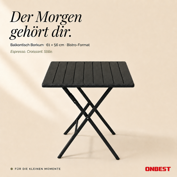 Schwarzer Balkon-Klapptisch Borkum im Bistro-Format mit Lattenoberfläche, 61 mal 56 Zentimeter, Onbest Logo.