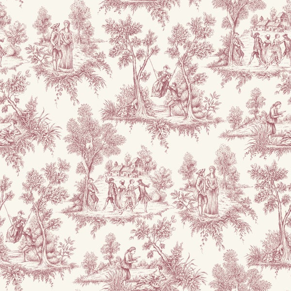 Tapete mit Toile-de-Jouy-Muster, das ländliche Szenen mit Personen in historischer Kleidung, Bäumen und Gebäuden darstellt.