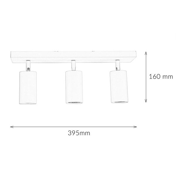 Technische Zeichnung einer Deckenleuchte mit drei Strahlern, Maße 395 mm breit und 160 mm hoch.
