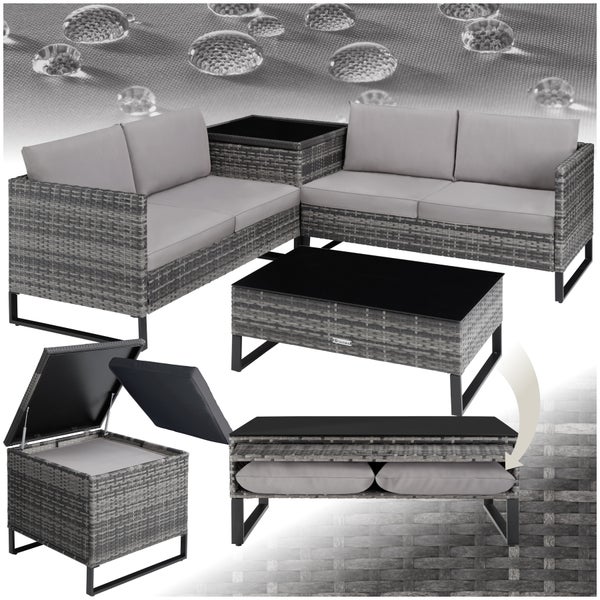 Rattan Lounge tectake Ostuni mit Sicherheitsglasplatte für 4 Personen grau