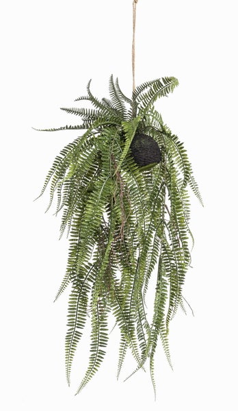 Künstlicher Farn in Kokedama-Moosball zum Aufhängen mit Juteschnur.