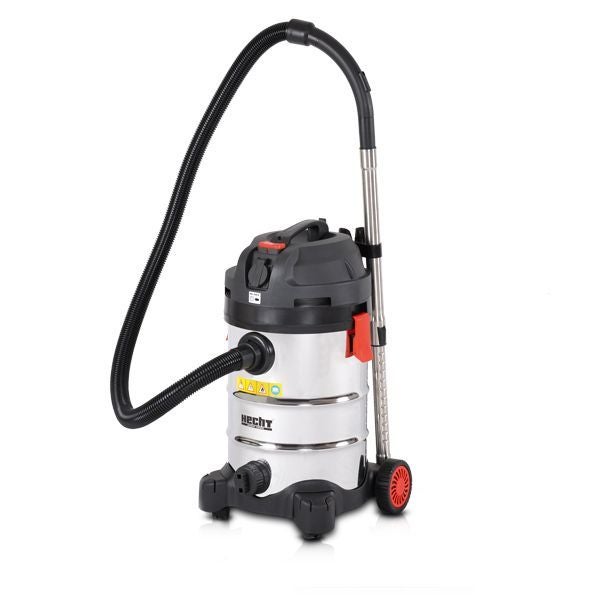 Hecht Nass-Trockensauger mit Edelstahlbehälter, Saugschlauch, Saugrohr und Rollen.