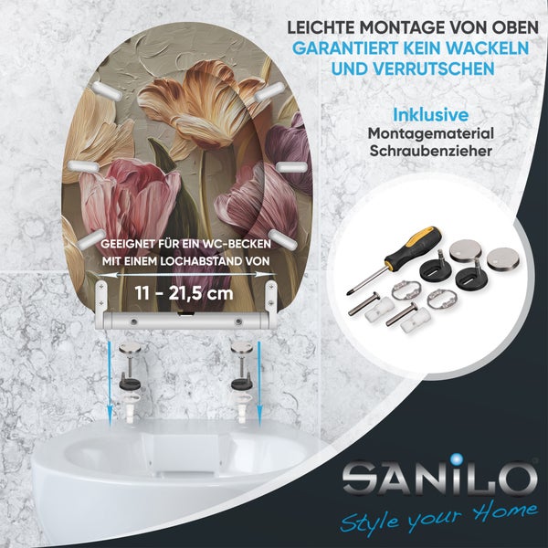 Sanilo WC Sitz mit Blumenmotiv und Befestigungsmaterial inklusive Schraubendreher für einfache Montage von oben bei 11 bis 21,5 cm Lochabstand.