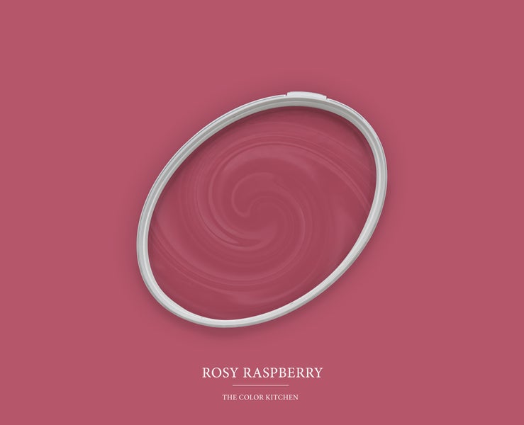 Wandfarbe Rosy Raspberry von The Color Kitchen, cremige Textur mit Wirbelmuster im offenen Eimer.