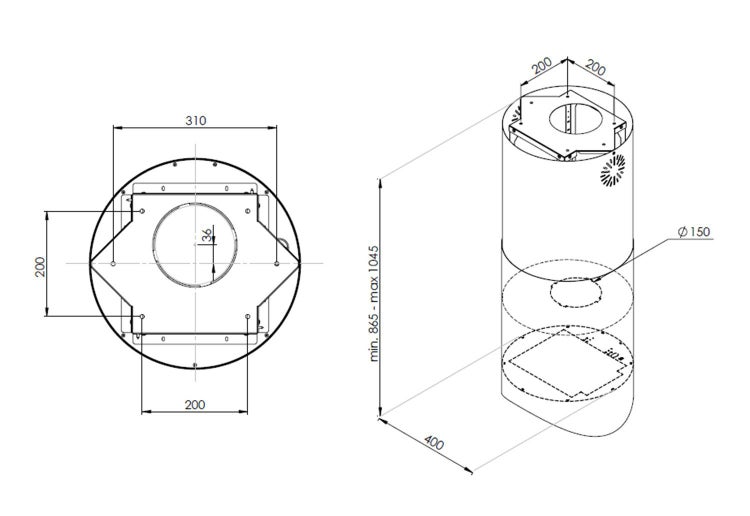 Technische Zeichnung mit Maßen einer zylindrischen Dunstabzugshaube zur Wandmontage oder Deckenmontage.