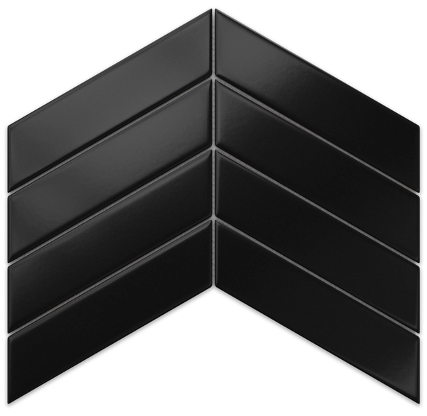 Schwarze Keramik-Mosaikfliesen in Chevron-Optik für Wand und Boden.