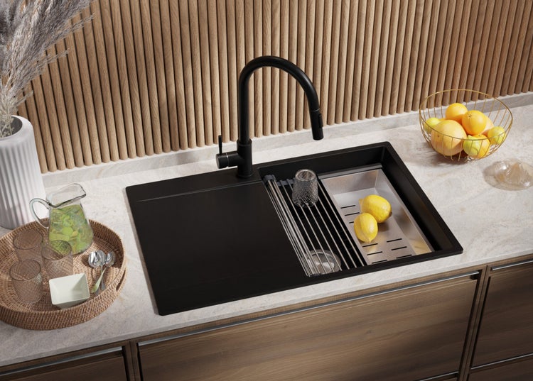 PRIMAGRAN Granitspüle Schwarz 78x50cm, Spülbecken 1 Becken + Küchenarmatur 32x20cm + Ablauf-Set + Aufrollbare Abtropffläche, Küchenspüle ab 50er Unterschrank - San Francisco