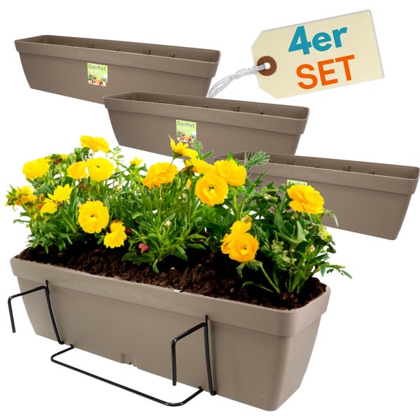 Vierer-Set Balkonkästen aus Kunststoff mit Halterung und Bepflanzung