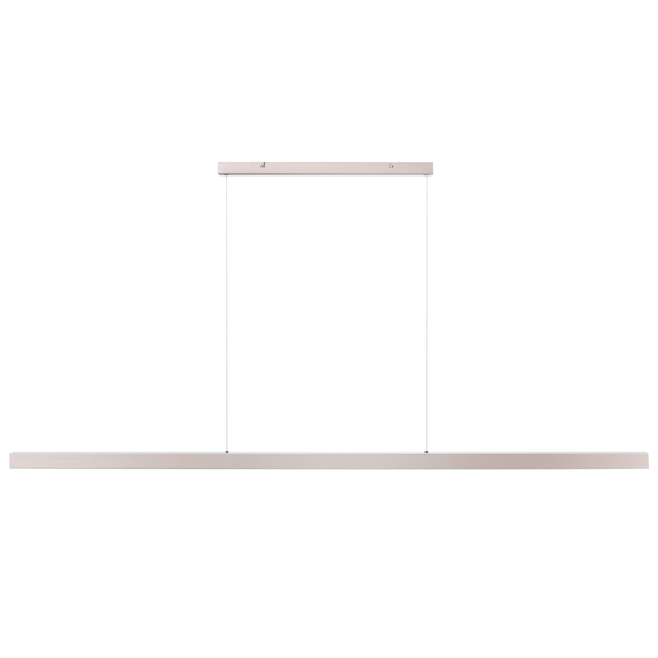 Moderne lineare LED-Pendelleuchte aus Metall mit schmalem Deckenbaldachin und zwei Drahtseilaufhängungen.